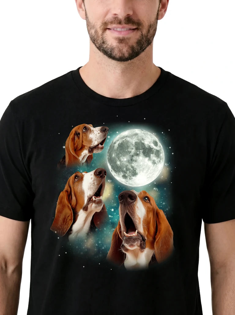 MagicMoon Three Basset Hound 2 Moon on model, design detail view, Funny Animal Shirt