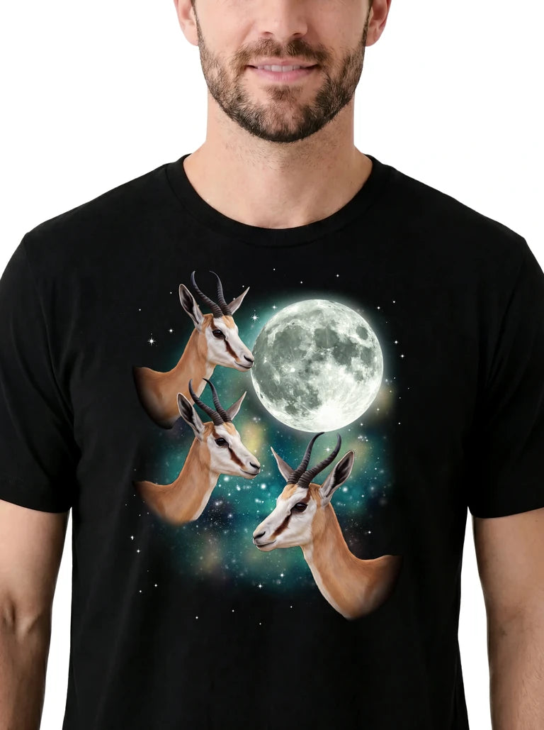 MagicMoon Three Springbok Moon on model, design detail view, Funny Animal Shirt