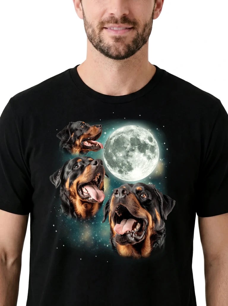 MagicMoon Three Rottweiler Moon on model, design detail view, Funny Animal Shirt