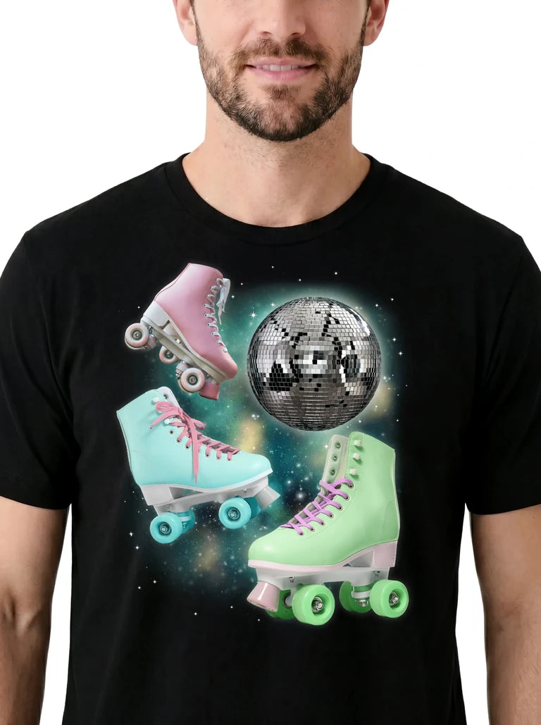 MagicMoon Three Roller Skate Moon on model, design detail view, Funny Novelty Shirt