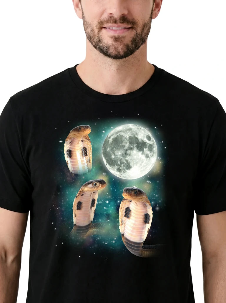 MagicMoon Three Cobras Moon on model, design detail view, Funny Animal Shirt