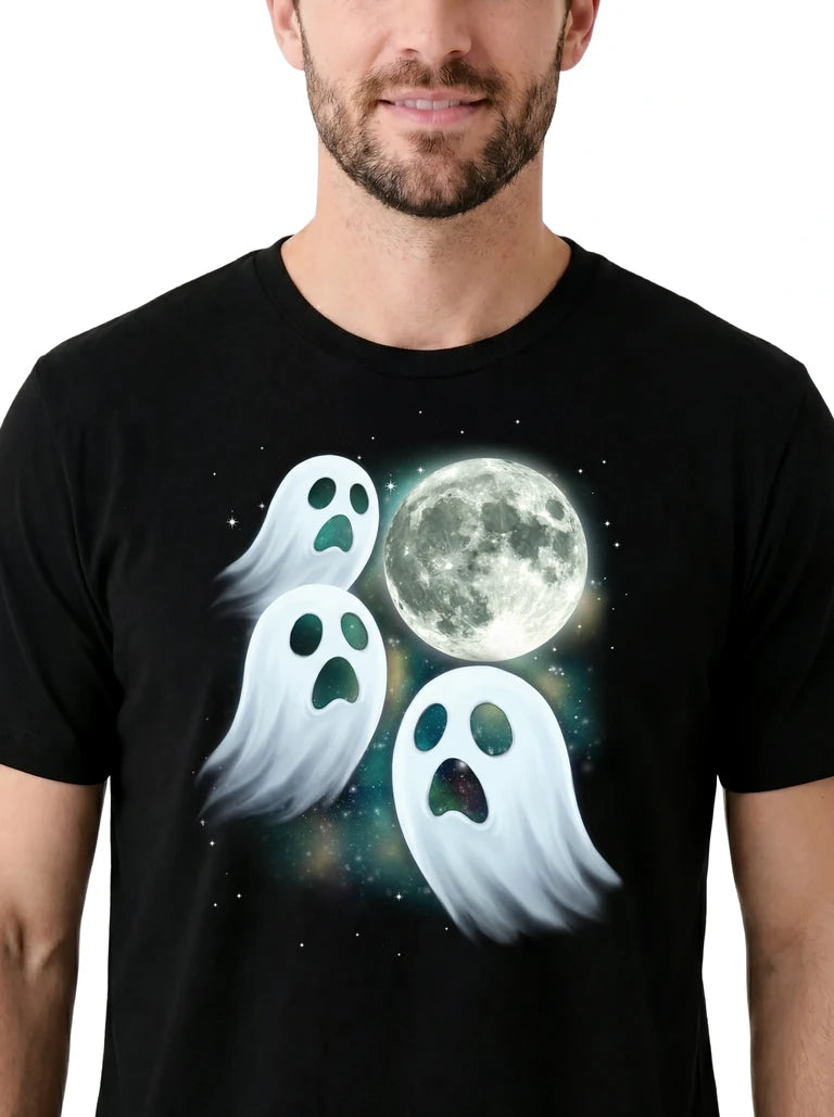 MagicMoon Three Ghost Moon on model, design detail view, Halloween Costume Shirt
