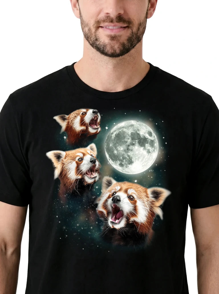 MagicMoon Three Red Panda Moon on model, design detail view, Funny Animal Shirt