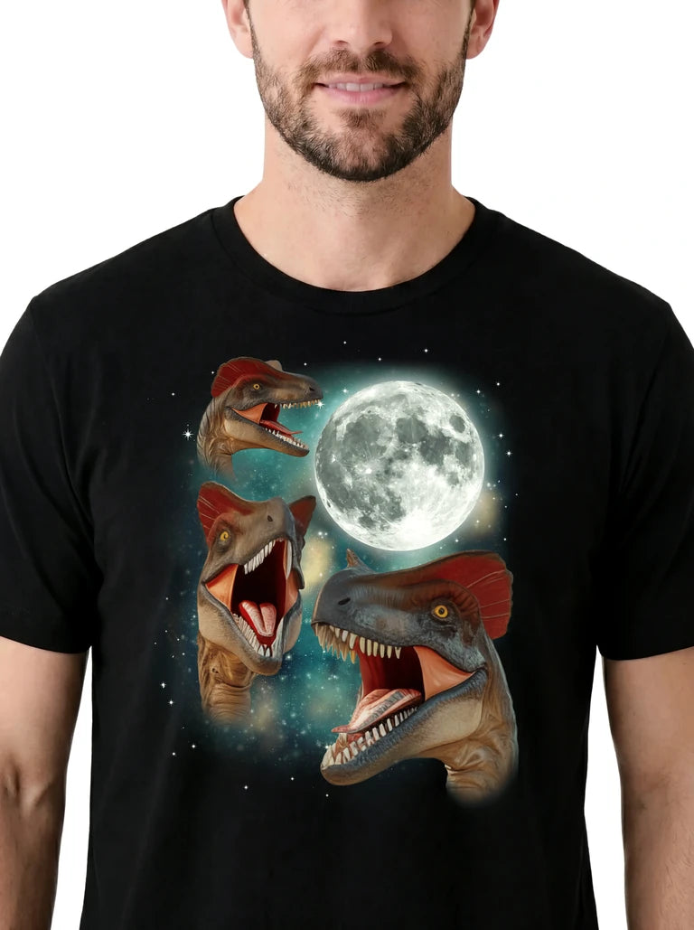 MagicMoon Three Dilophosaurus Moon on model, design detail view, Funny Novelty Shirt