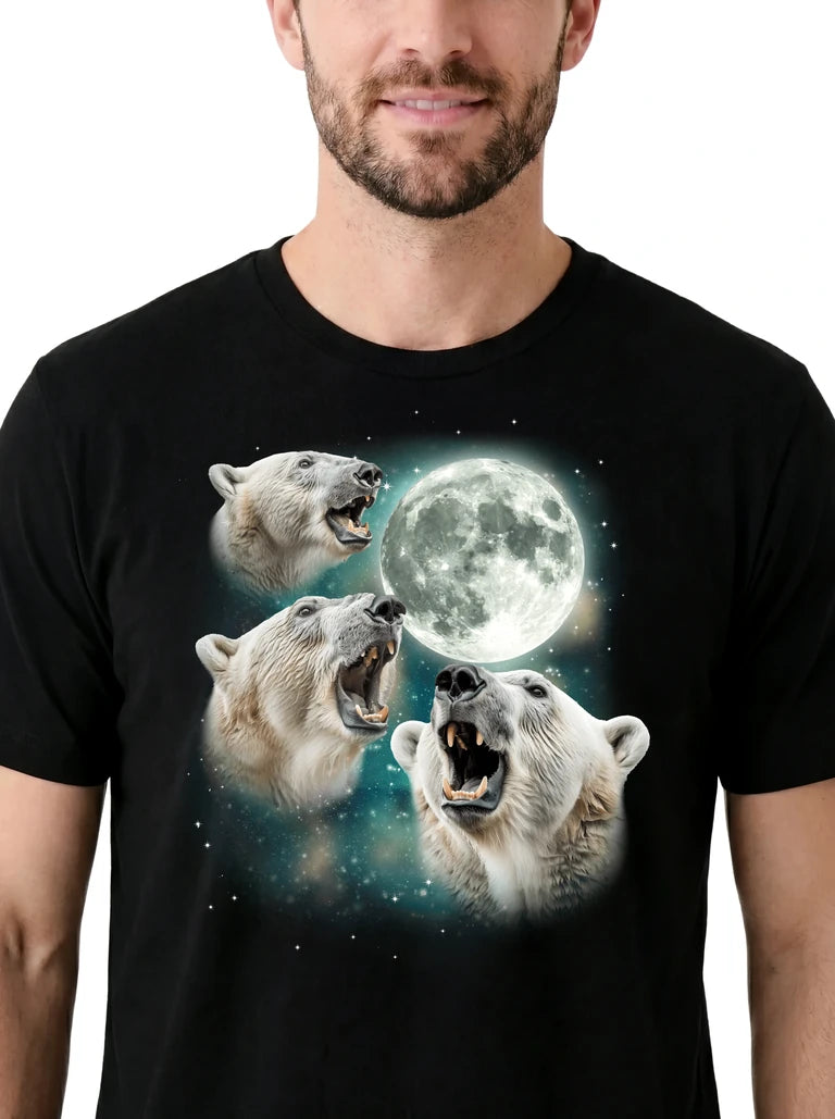 MagicMoon Three Polar Bear Moon on model, design detail view, Funny Animal Shirt