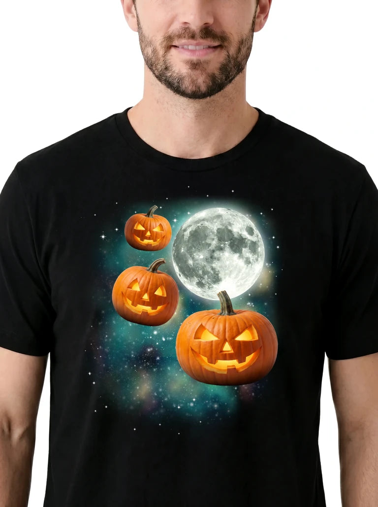 MagicMoon Three Jack-o-Lantern Moon on model, design detail view, Halloween Costume Shirt