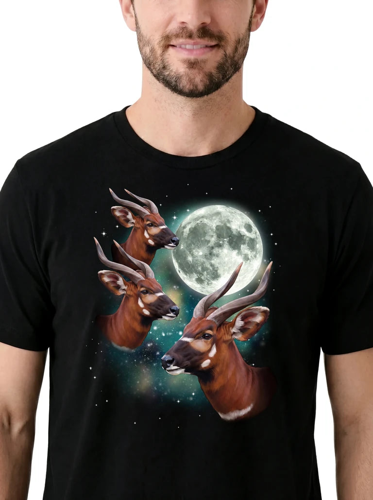 MagicMoon Three Bongo Moon on model, design detail view, Funny Animal Shirt