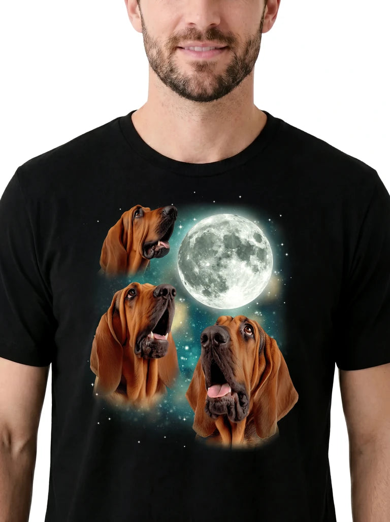 MagicMoon Three Bloodhound Moon on model, design detail view, Funny Animal Shirt
