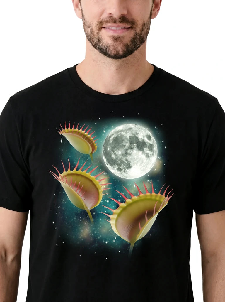 MagicMoon Three Venus Flytrap Moon on model, design detail view, Funny Novelty Shirt
