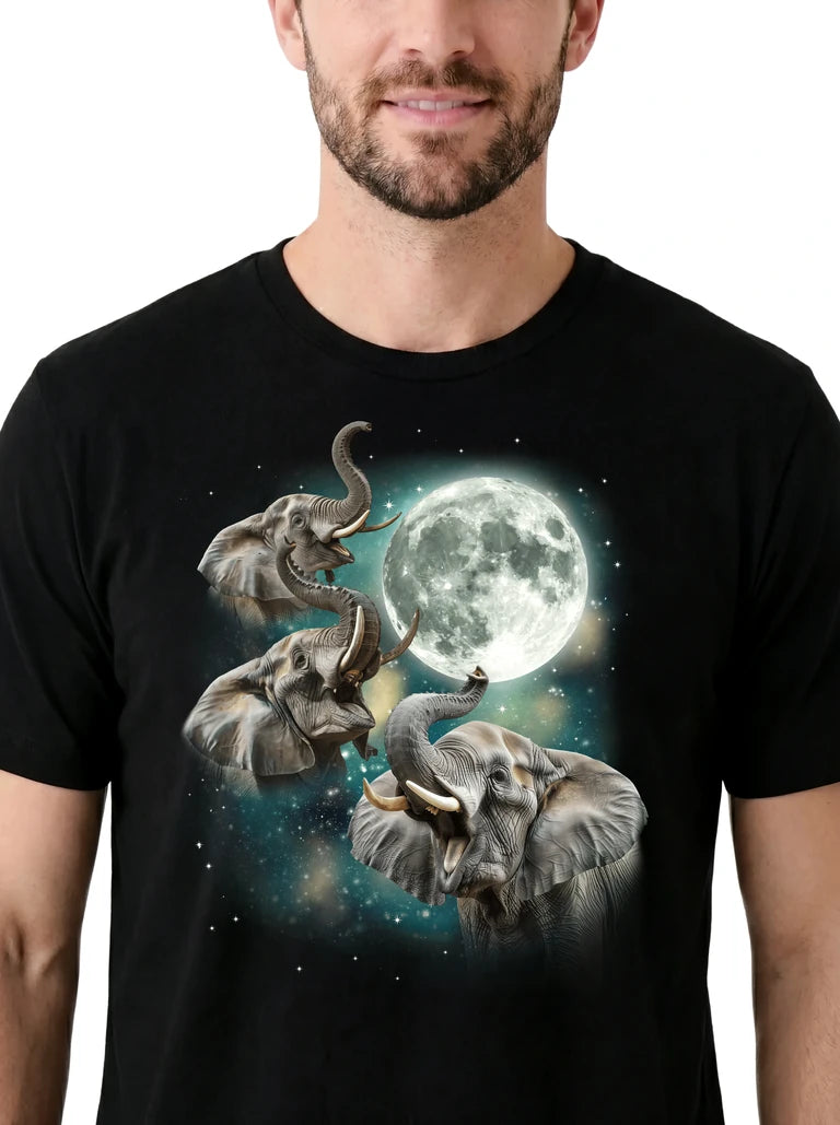 MagicMoon Three Elephant Moon on model, design detail view, Funny Animal Shirt