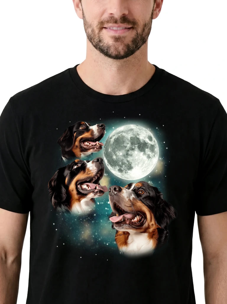 MagicMoon Three Bernese Mountain Dog Moon on model, design detail view, Funny Animal Shirt