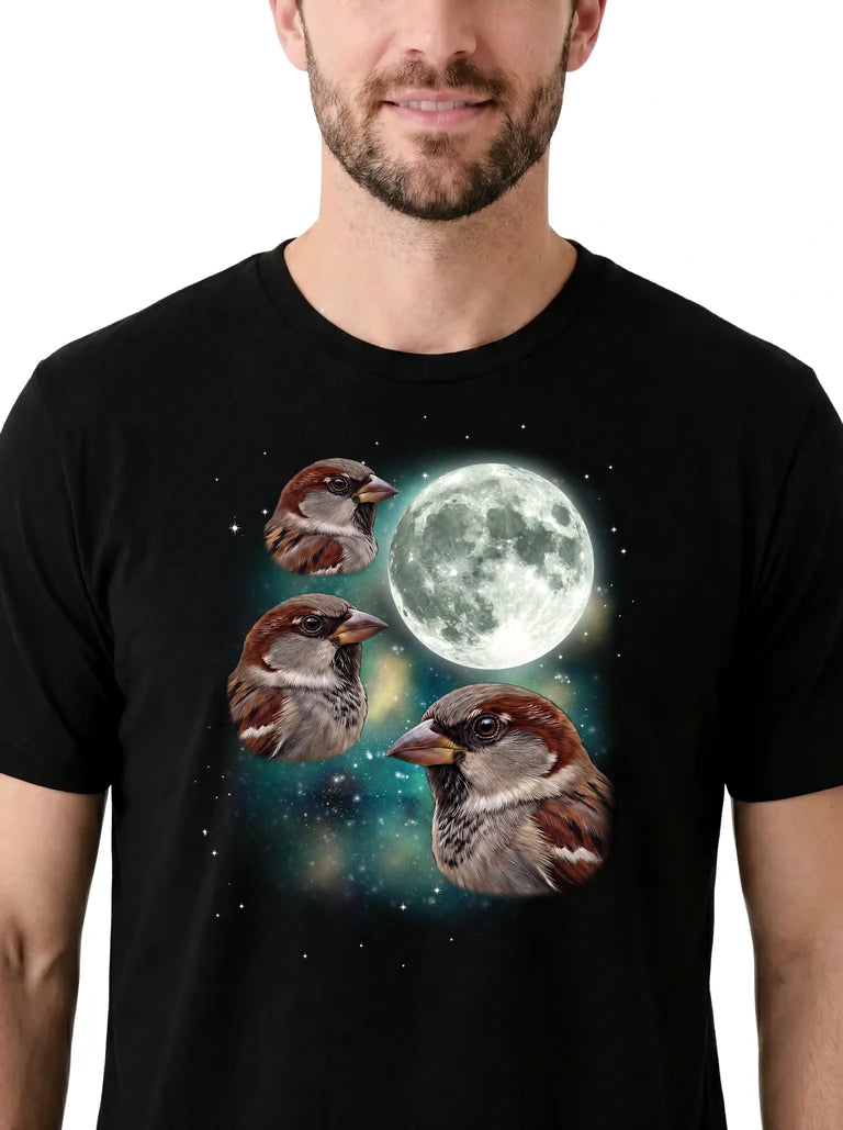 MagicMoon Three Sparrow Moon on model, design detail view, Funny Animal Shirt