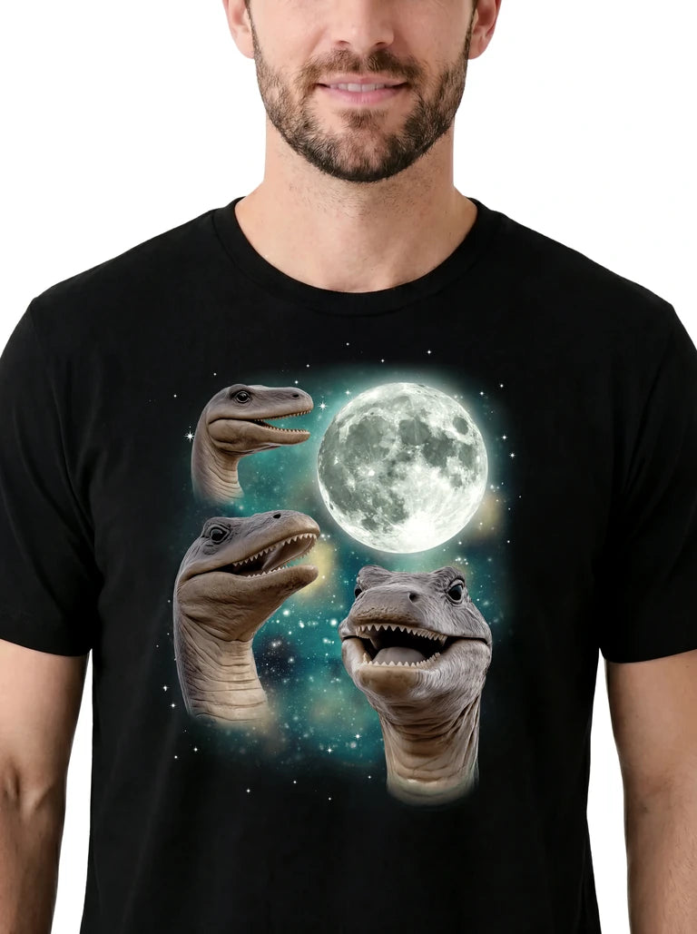 MagicMoon Three Loch Ness Monster Moon on model, design detail view, Funny Novelty Shirt