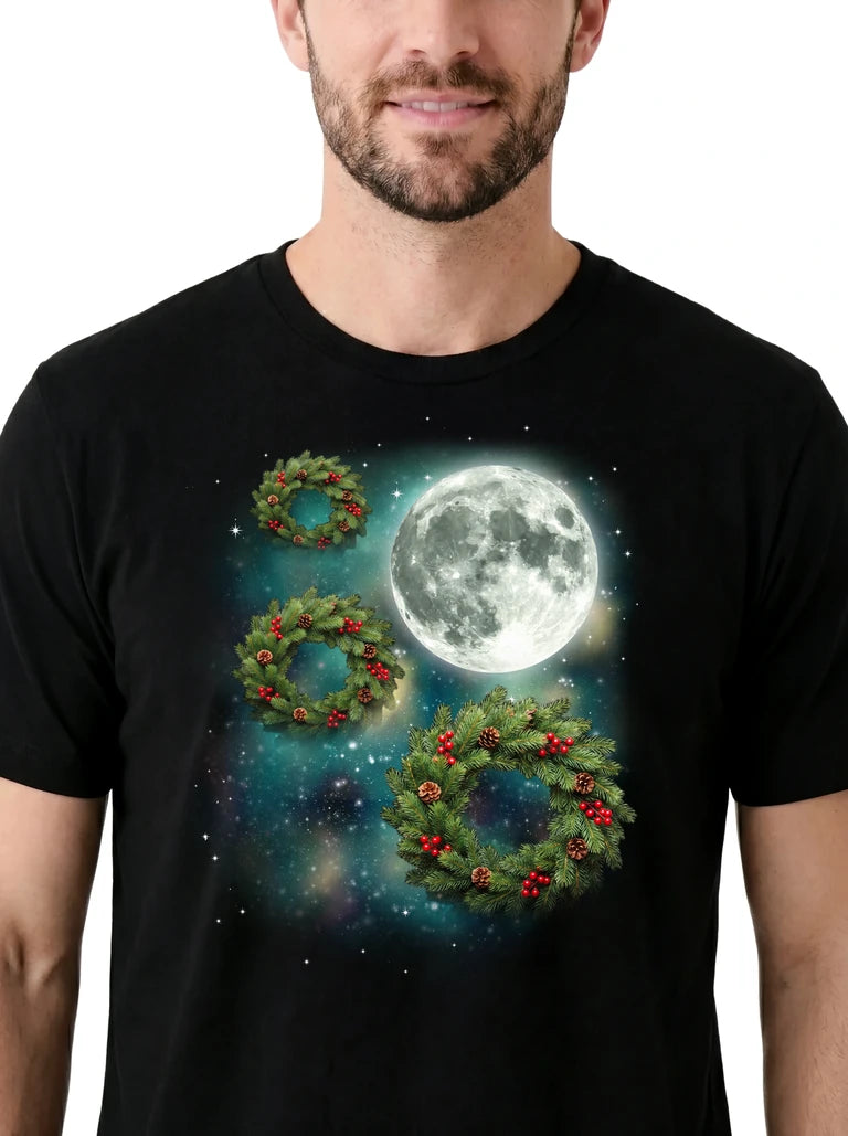 MagicMoon Three Christmas Wreath Moon on model, design detail view, Christmas Gift Shirt