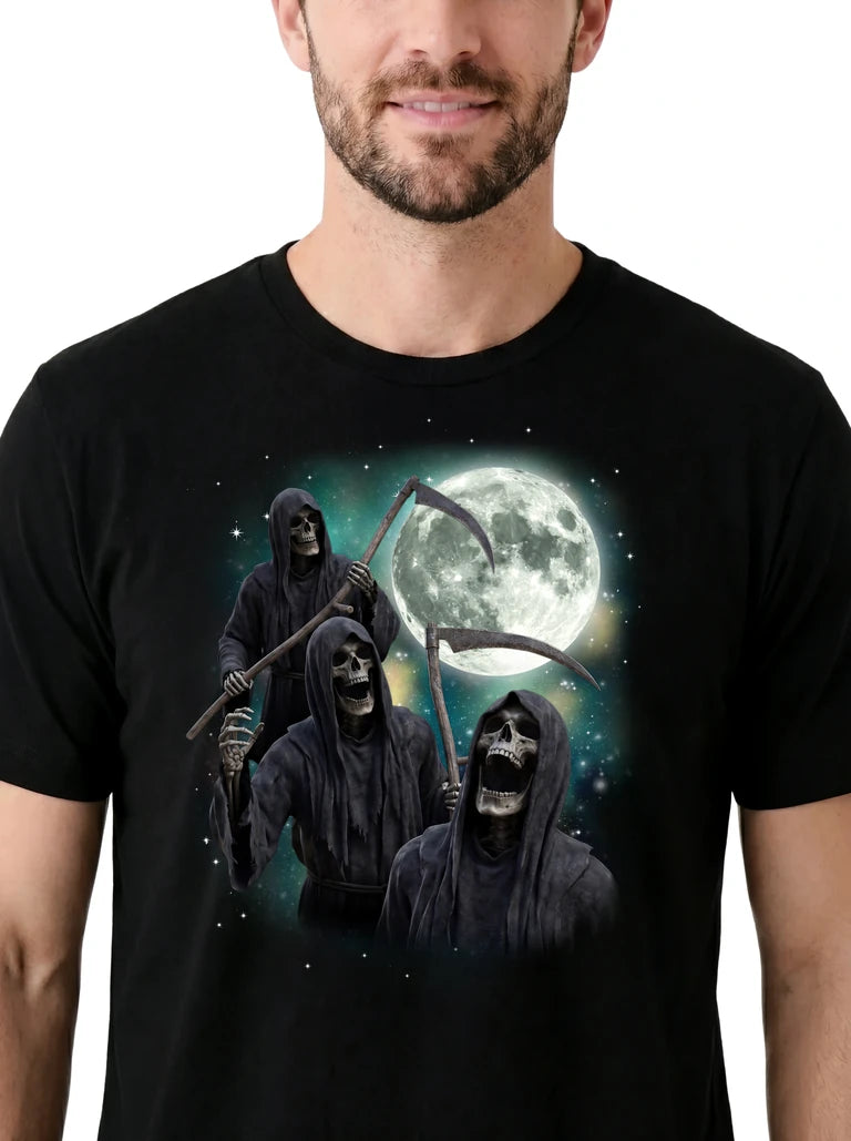 MagicMoon Three Grim Reaper Moon on model, design detail view, Halloween Costume Shirt