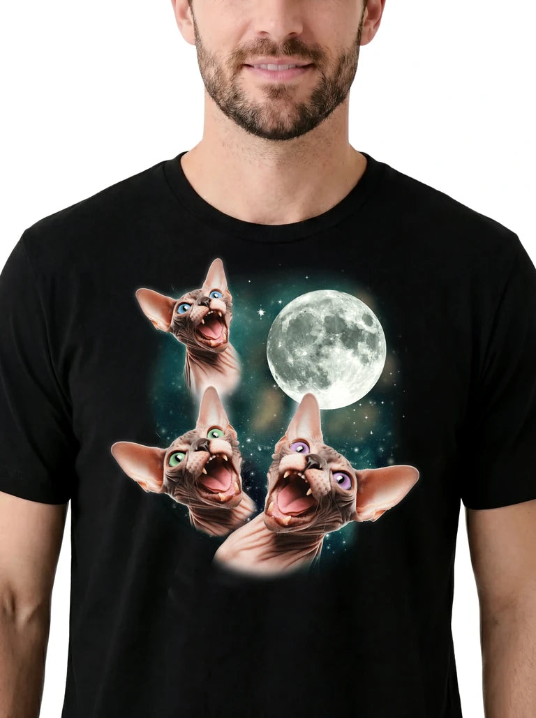 MagicMoon Three Sphynx Cat 2 Moon on model, design detail view, Funny Novelty Shirt