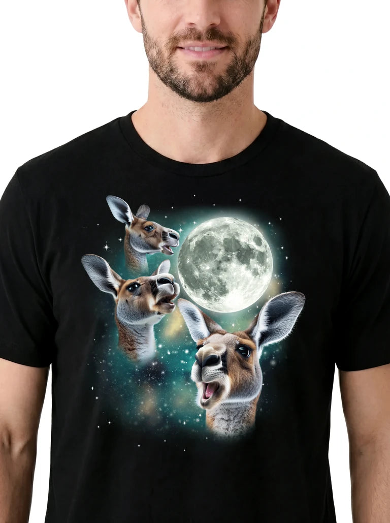 MagicMoon Three Kangaroo Moon on model, design detail view, Funny Animal Shirt