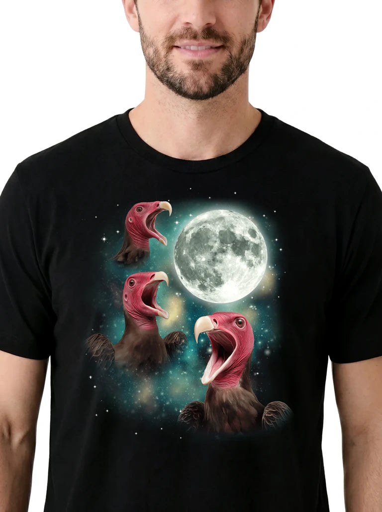 MagicMoon Three Vulture Moon on model, design detail view, Funny Animal Shirt