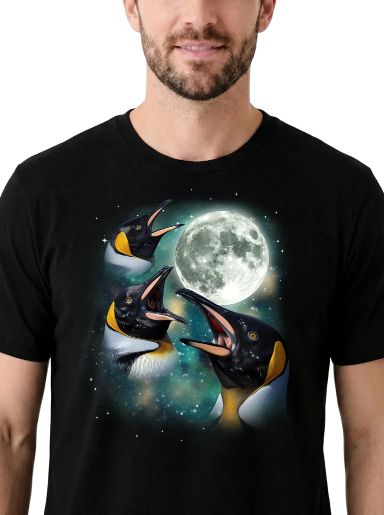 MagicMoon Three Penguin Moon on model, design detail view, Funny Animal Shirt