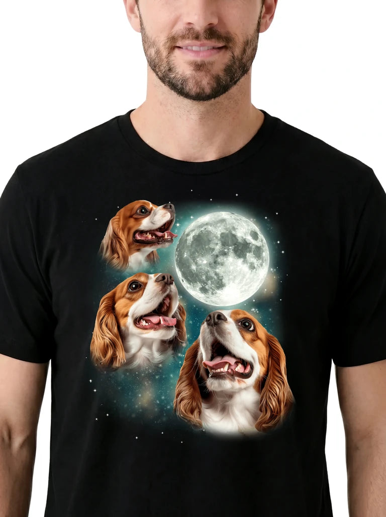 MagicMoon Three Cavalier King Charles Spaniel Moon on model, design detail view, Funny Animal Shirt