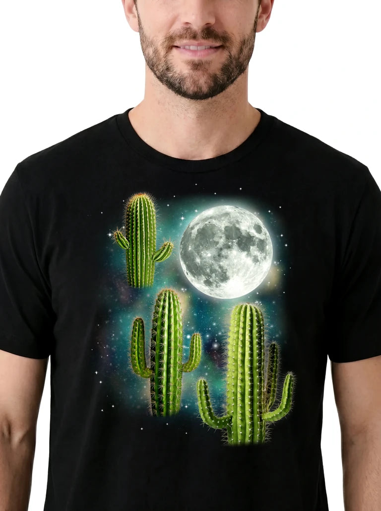 MagicMoon Three Cactus Moon on model, design detail view, Funny Novelty Shirt