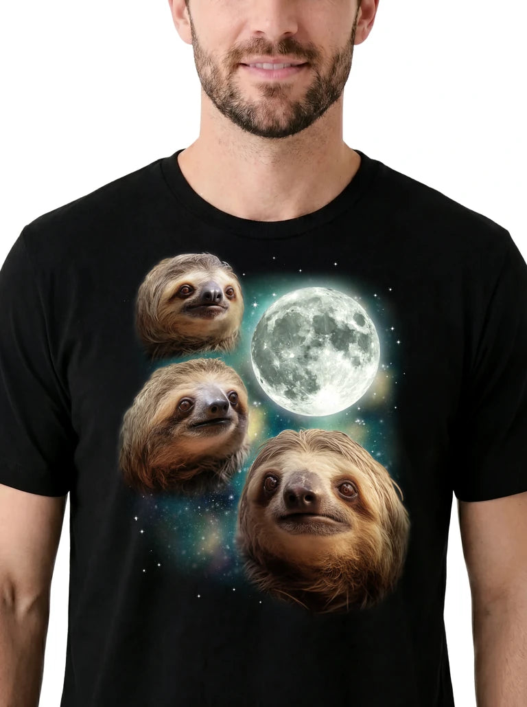 MagicMoon Three Sloth Moon on model, design detail view, Funny Animal Shirt