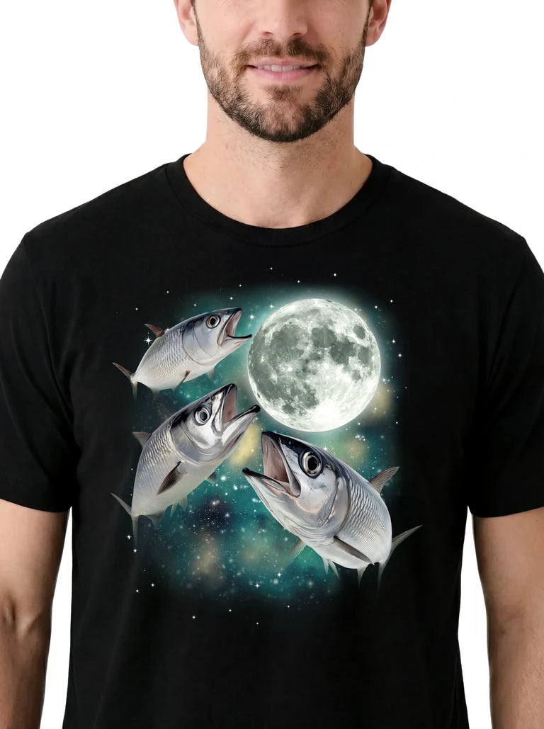 MagicMoon Three Herring Moon on model, design detail view, Funny Animal Shirt