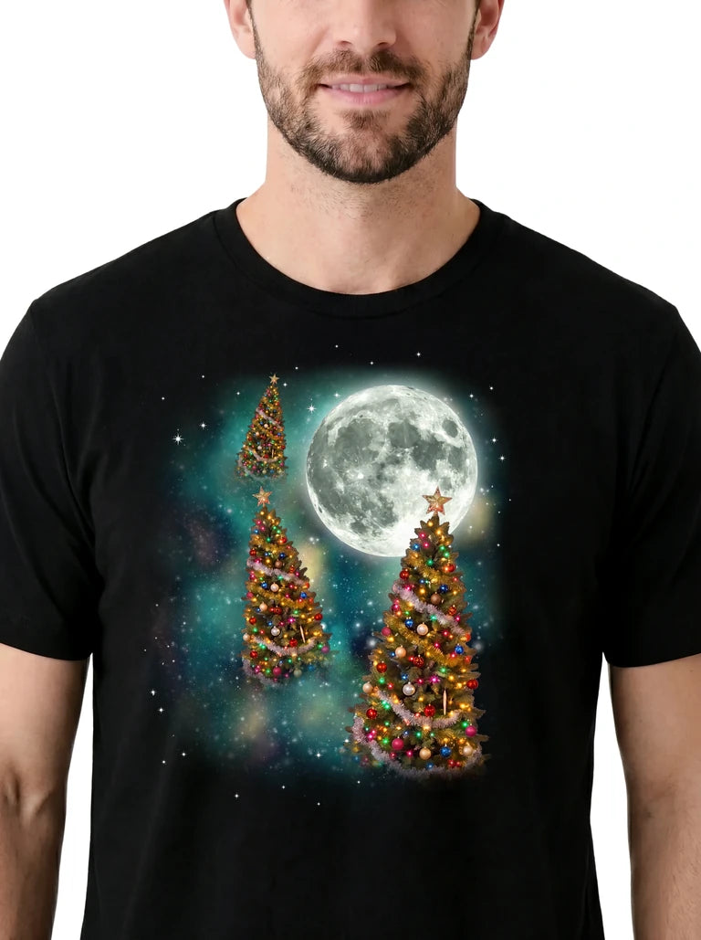MagicMoon Three Christmas Tree Moon on model, design detail view, Christmas Gift Shirt