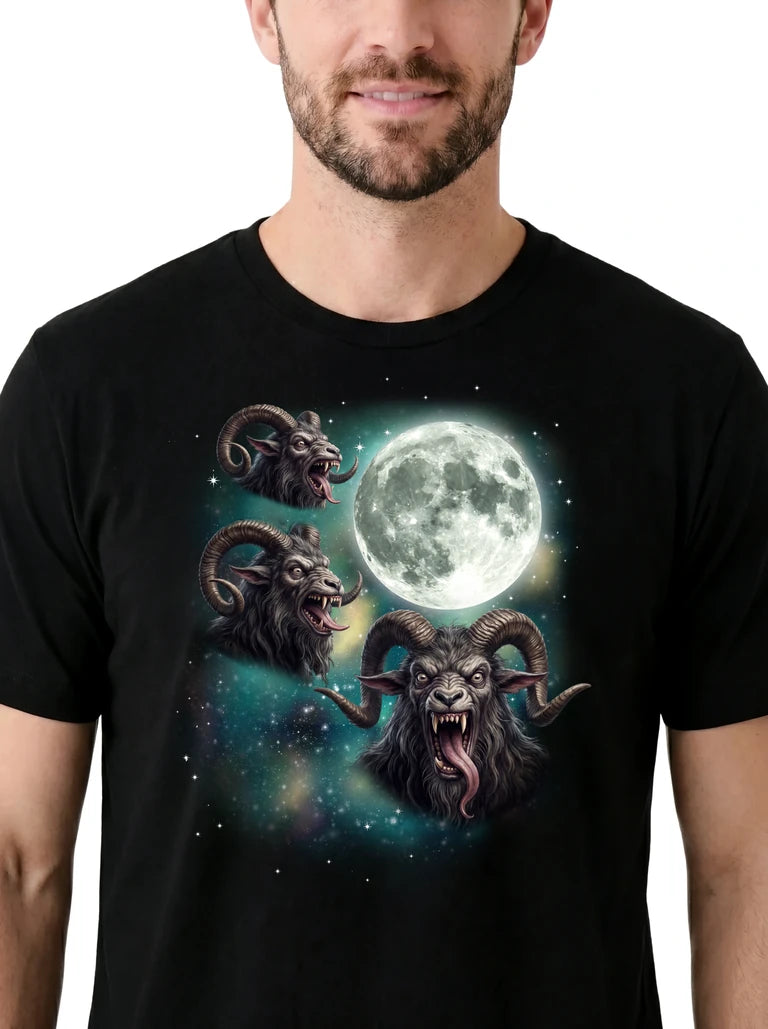 MagicMoon Three Krampus Moon on model, design detail view, Halloween Costume Shirt