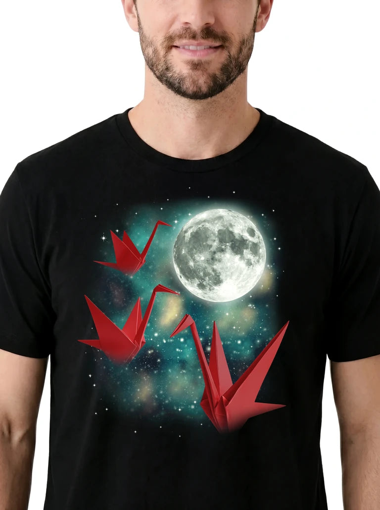 MagicMoon Three Origami Crane Moon on model, design detail view, Funny Novelty Shirt