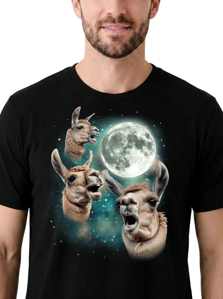 MagicMoon Three Llama Moon on model, design detail view, Funny Animal Shirt