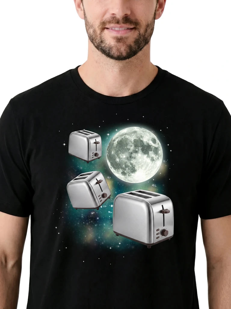 MagicMoon Three Toaster Moon on model, design detail view, Funny Novelty Shirt