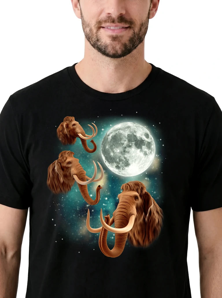 MagicMoon Three Woolly Mammoth Moon on model, design detail view, Funny Animal Shirt