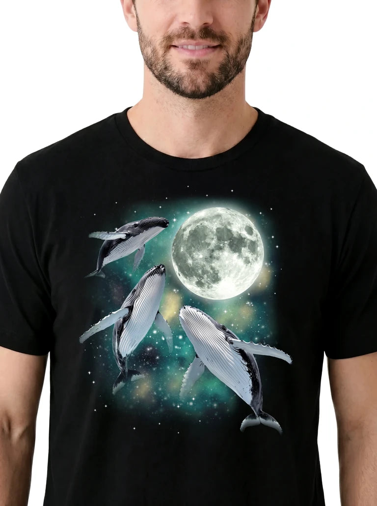 MagicMoon Three Whale Moon on model, design detail view, Funny Animal Shirt