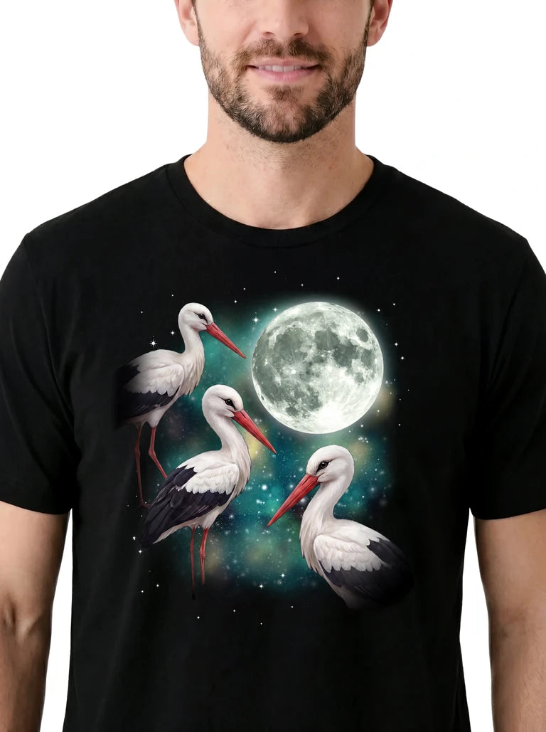 MagicMoon Three Stork Moon on model, design detail view, Funny Animal Shirt