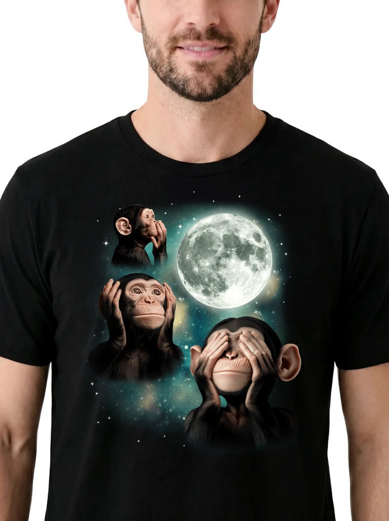 MagicMoon Three Wise Monkeys Moon on model, design detail view, Funny Animal Shirt