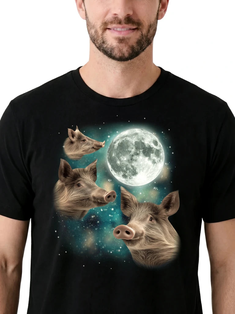 MagicMoon Three Wild Boar Moon on model, design detail view, Funny Animal Shirt