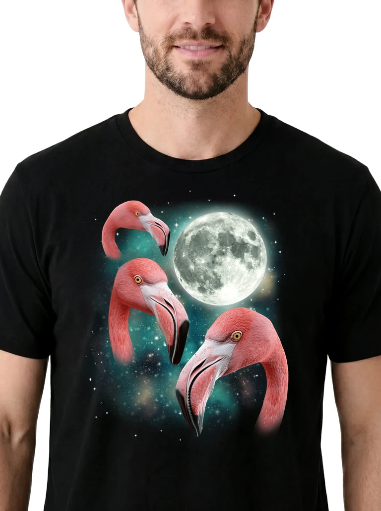 MagicMoon Three Flamingo Moon on model, design detail view, Funny Animal Shirt