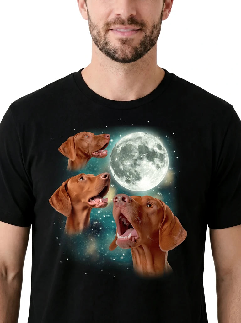 MagicMoon Three Vizsla Moon on model, design detail view, Funny Animal Shirt