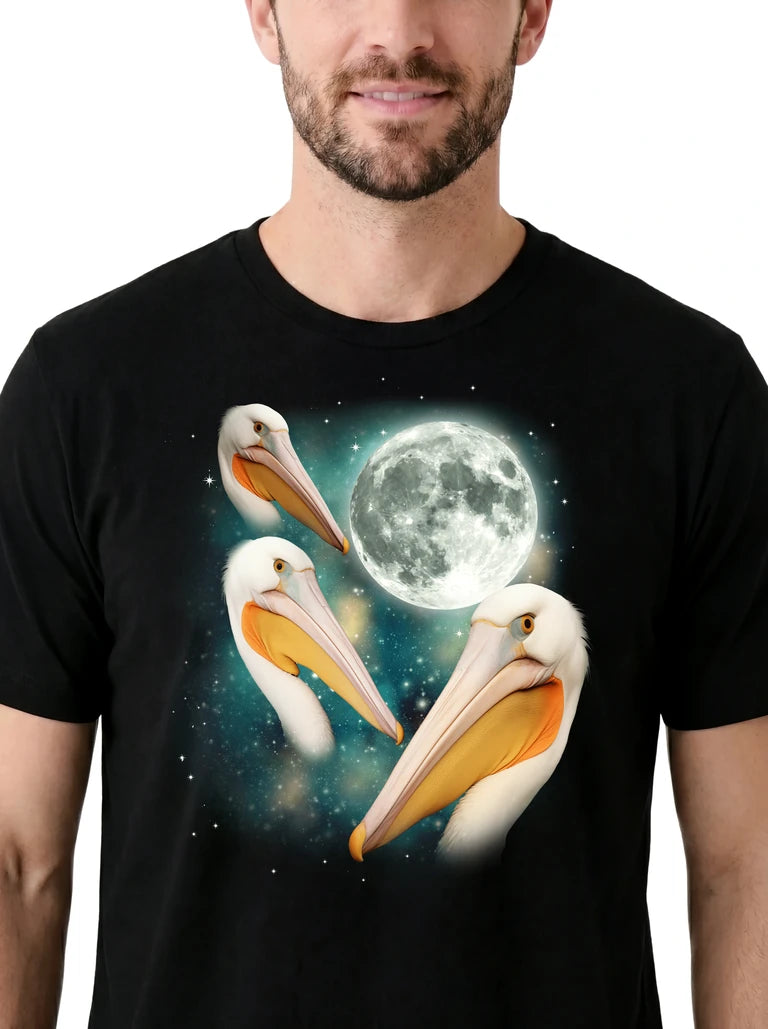 MagicMoon Three Pelican Moon on model, design detail view, Funny Animal Shirt