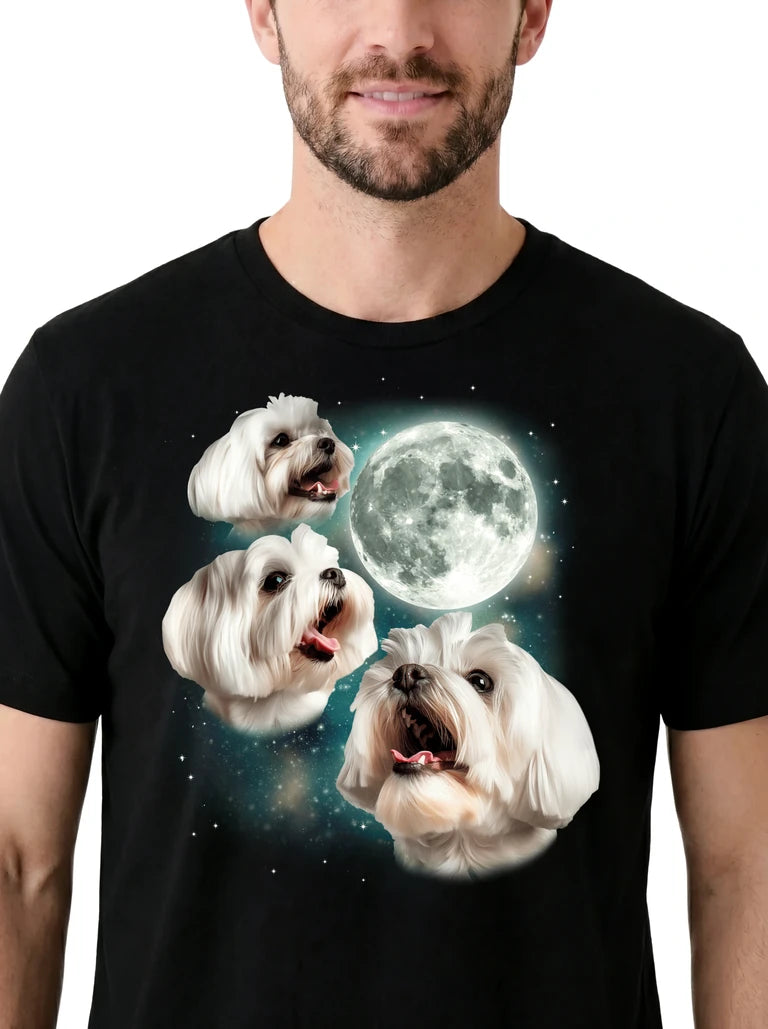 MagicMoon Three Maltese Moon on model, design detail view, Funny Animal Shirt