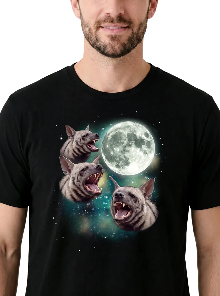 MagicMoon Three Striped Hyena Moon on model, design detail view, Funny Animal Shirt
