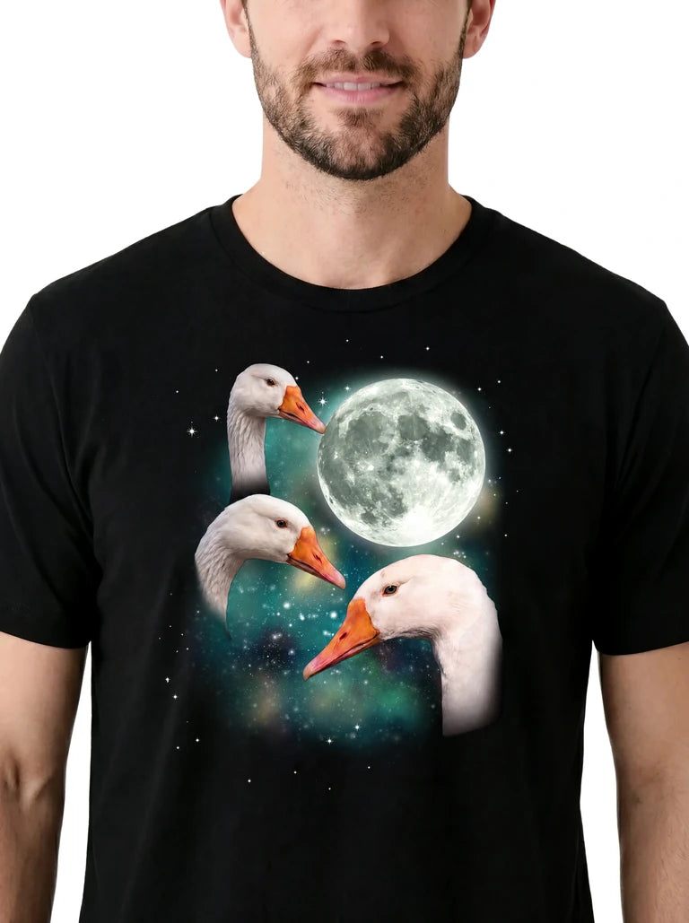 MagicMoon Three Goose Moon on model, design detail view, Funny Animal Shirt