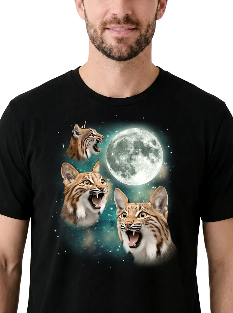 MagicMoon Three Lynx Moon on model, design detail view, Funny Animal Shirt