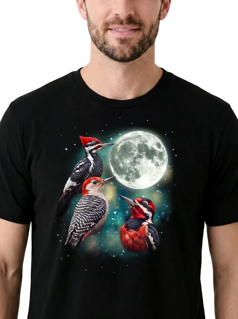MagicMoon Three Woodpecker Moon on model, design detail view, Funny Animal Shirt