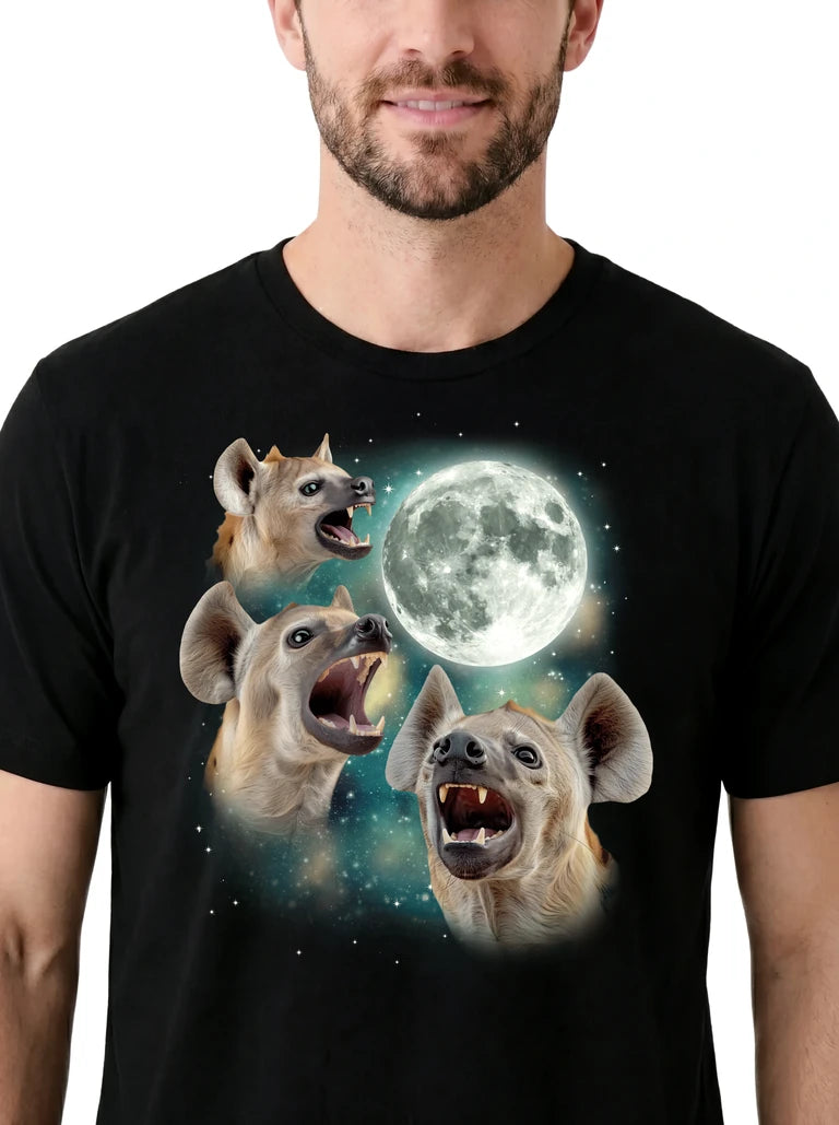 MagicMoon Three Hyena Moon on model, design detail view, Funny Animal Shirt