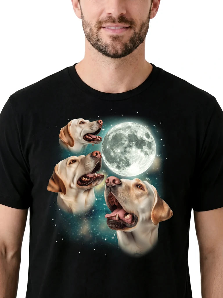 MagicMoon Three Labrador Retriever White Moon on model, design detail view, Funny Animal Shirt
