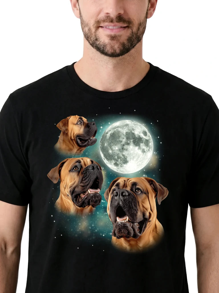 MagicMoon Three Mastiffs Moon on model, design detail view, Funny Animal Shirt