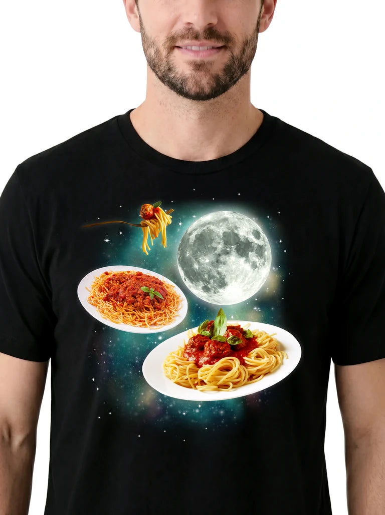 MagicMoon Three Spaghetti Moon on model, design detail view, Funny Food Shirt