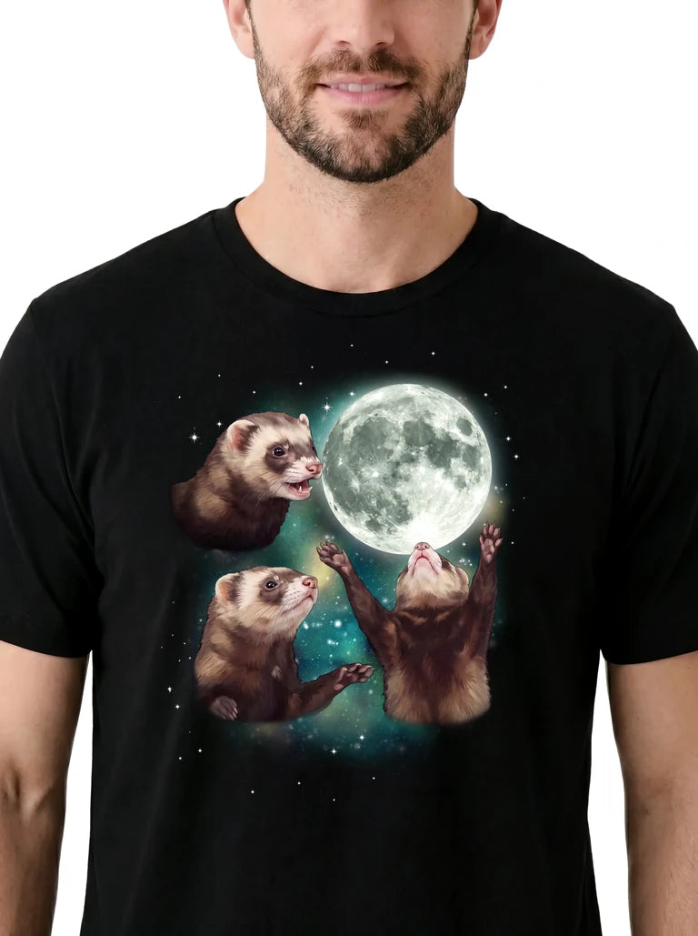 MagicMoon Three Ferret Moon on model, design detail view, Funny Animal Shirt